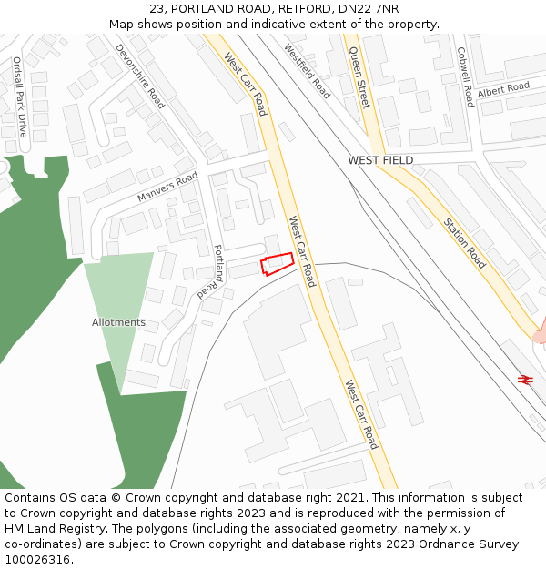 23, PORTLAND ROAD, RETFORD, DN22 7NR: Location map and indicative extent of plot