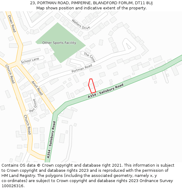 23, PORTMAN ROAD, PIMPERNE, BLANDFORD FORUM, DT11 8UJ: Location map and indicative extent of plot