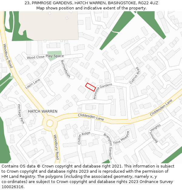 23, PRIMROSE GARDENS, HATCH WARREN, BASINGSTOKE, RG22 4UZ: Location map and indicative extent of plot