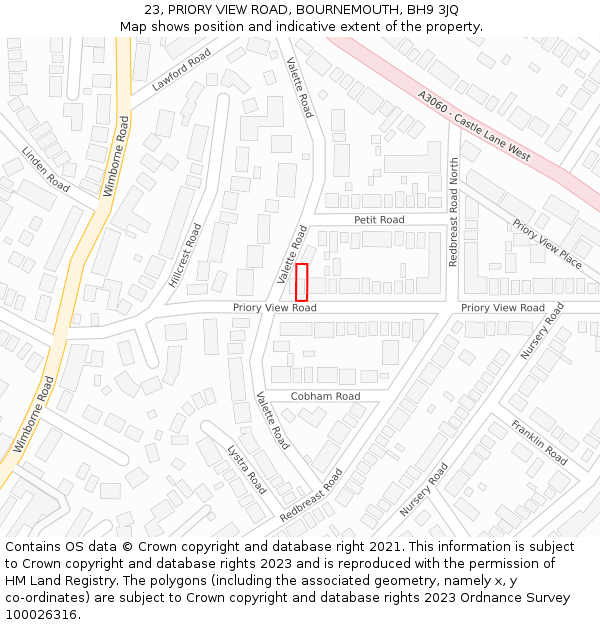 23, PRIORY VIEW ROAD, BOURNEMOUTH, BH9 3JQ: Location map and indicative extent of plot