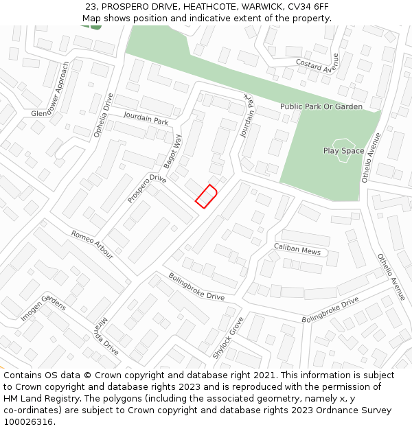 23, PROSPERO DRIVE, HEATHCOTE, WARWICK, CV34 6FF: Location map and indicative extent of plot