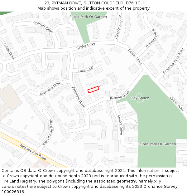 23, PYTMAN DRIVE, SUTTON COLDFIELD, B76 1GU: Location map and indicative extent of plot