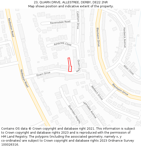 23, QUARN DRIVE, ALLESTREE, DERBY, DE22 2NR: Location map and indicative extent of plot