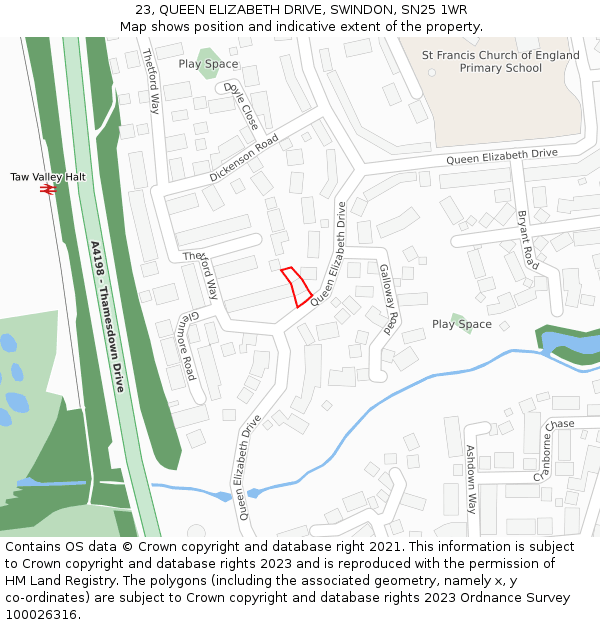 23, QUEEN ELIZABETH DRIVE, SWINDON, SN25 1WR: Location map and indicative extent of plot
