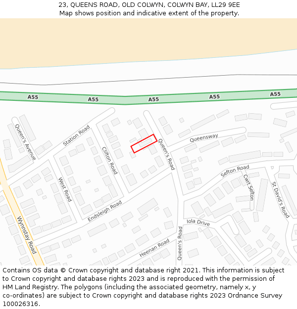 23, QUEENS ROAD, OLD COLWYN, COLWYN BAY, LL29 9EE: Location map and indicative extent of plot
