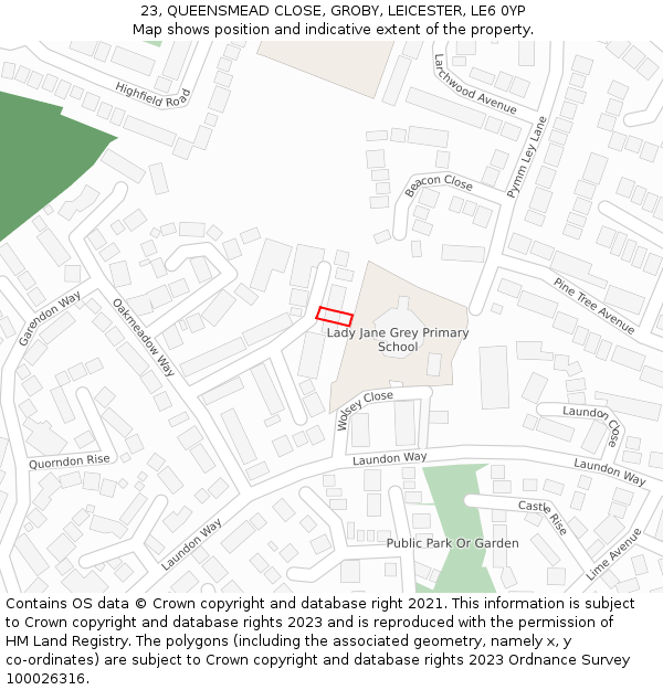 23, QUEENSMEAD CLOSE, GROBY, LEICESTER, LE6 0YP: Location map and indicative extent of plot