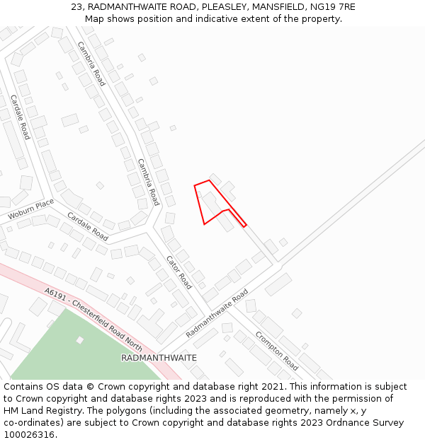 23, RADMANTHWAITE ROAD, PLEASLEY, MANSFIELD, NG19 7RE: Location map and indicative extent of plot