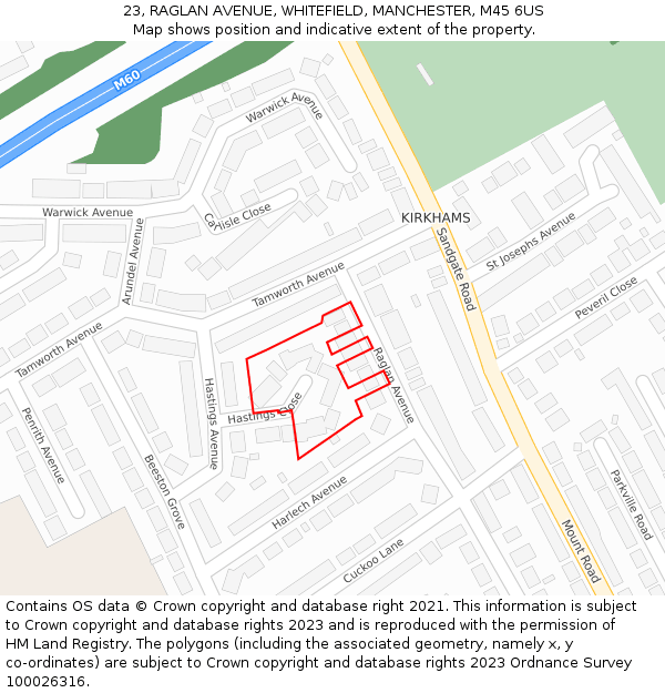 23, RAGLAN AVENUE, WHITEFIELD, MANCHESTER, M45 6US: Location map and indicative extent of plot