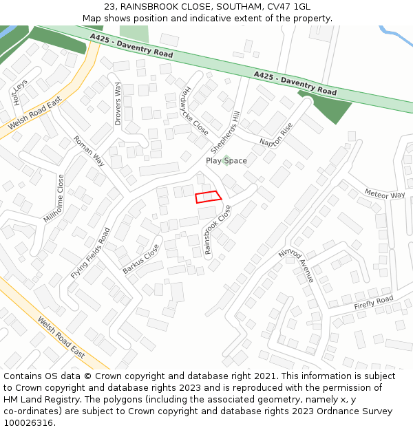 23, RAINSBROOK CLOSE, SOUTHAM, CV47 1GL: Location map and indicative extent of plot