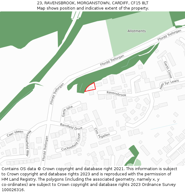 23, RAVENSBROOK, MORGANSTOWN, CARDIFF, CF15 8LT: Location map and indicative extent of plot