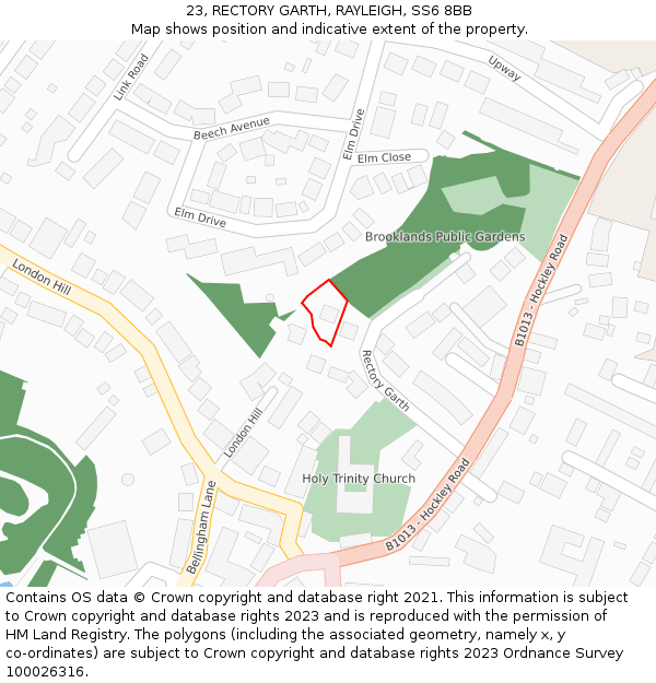 23, RECTORY GARTH, RAYLEIGH, SS6 8BB: Location map and indicative extent of plot