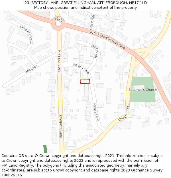 23, RECTORY LANE, GREAT ELLINGHAM, ATTLEBOROUGH, NR17 1LD: Location map and indicative extent of plot