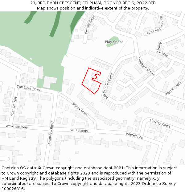 23, RED BARN CRESCENT, FELPHAM, BOGNOR REGIS, PO22 8FB: Location map and indicative extent of plot