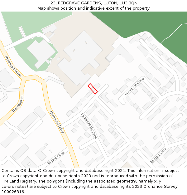23, REDGRAVE GARDENS, LUTON, LU3 3QN: Location map and indicative extent of plot