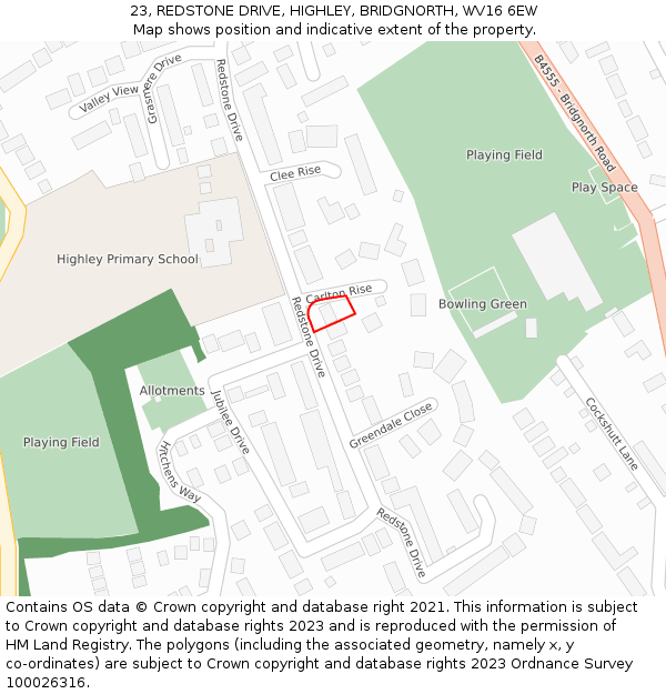 23, REDSTONE DRIVE, HIGHLEY, BRIDGNORTH, WV16 6EW: Location map and indicative extent of plot