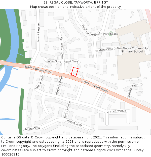23, REGAL CLOSE, TAMWORTH, B77 1GT: Location map and indicative extent of plot