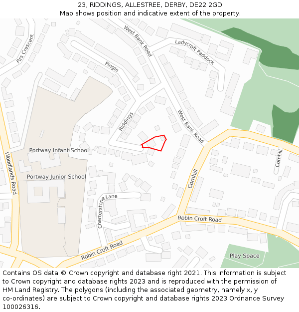 23, RIDDINGS, ALLESTREE, DERBY, DE22 2GD: Location map and indicative extent of plot