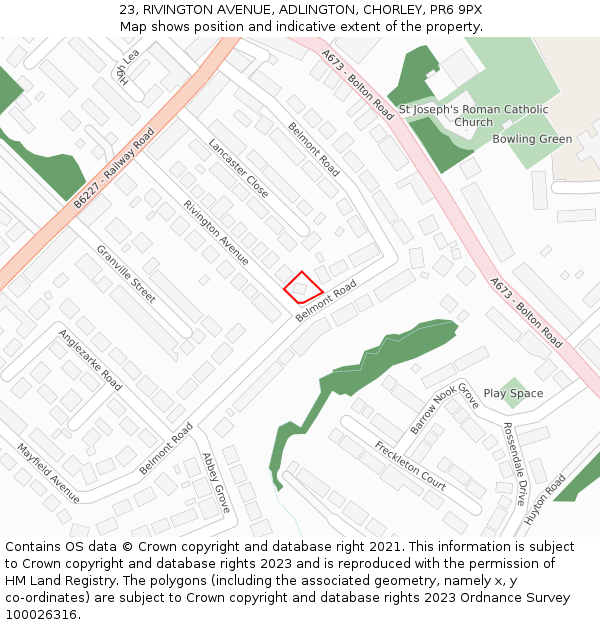 23, RIVINGTON AVENUE, ADLINGTON, CHORLEY, PR6 9PX: Location map and indicative extent of plot