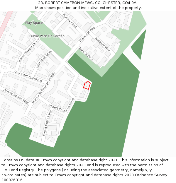 23, ROBERT CAMERON MEWS, COLCHESTER, CO4 9AL: Location map and indicative extent of plot