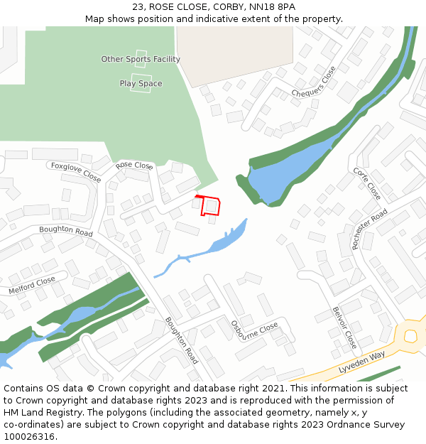 23, ROSE CLOSE, CORBY, NN18 8PA: Location map and indicative extent of plot