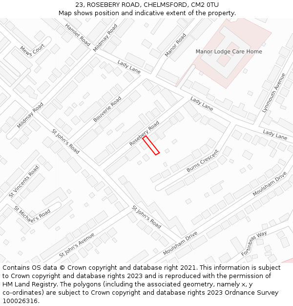 23, ROSEBERY ROAD, CHELMSFORD, CM2 0TU: Location map and indicative extent of plot