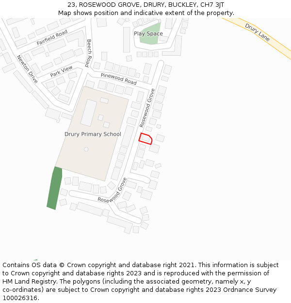 23, ROSEWOOD GROVE, DRURY, BUCKLEY, CH7 3JT: Location map and indicative extent of plot