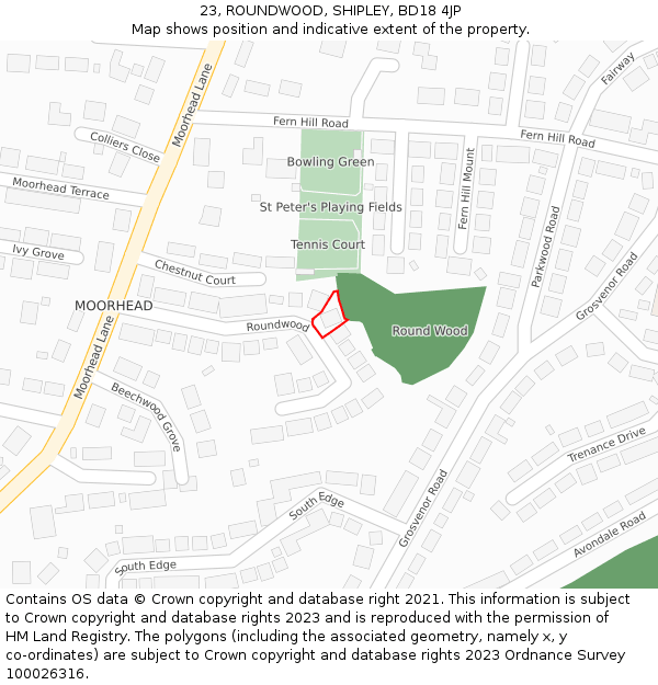 23, ROUNDWOOD, SHIPLEY, BD18 4JP: Location map and indicative extent of plot