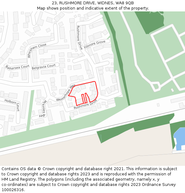 23, RUSHMORE DRIVE, WIDNES, WA8 9QB: Location map and indicative extent of plot