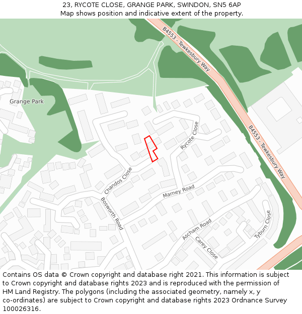 23, RYCOTE CLOSE, GRANGE PARK, SWINDON, SN5 6AP: Location map and indicative extent of plot