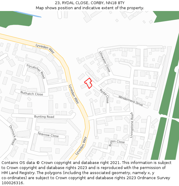 23, RYDAL CLOSE, CORBY, NN18 8TY: Location map and indicative extent of plot