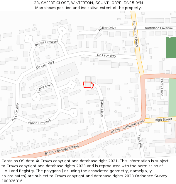 23, SAFFRE CLOSE, WINTERTON, SCUNTHORPE, DN15 9YN: Location map and indicative extent of plot