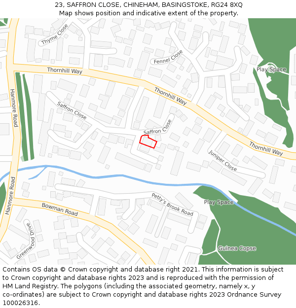 23, SAFFRON CLOSE, CHINEHAM, BASINGSTOKE, RG24 8XQ: Location map and indicative extent of plot