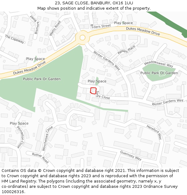 23, SAGE CLOSE, BANBURY, OX16 1UU: Location map and indicative extent of plot