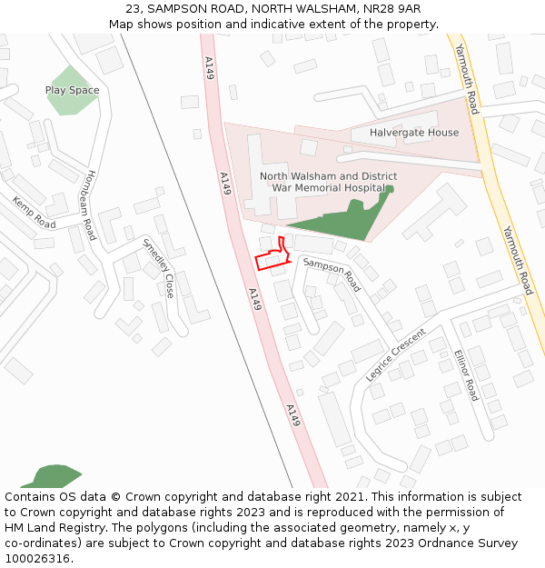 23, SAMPSON ROAD, NORTH WALSHAM, NR28 9AR: Location map and indicative extent of plot