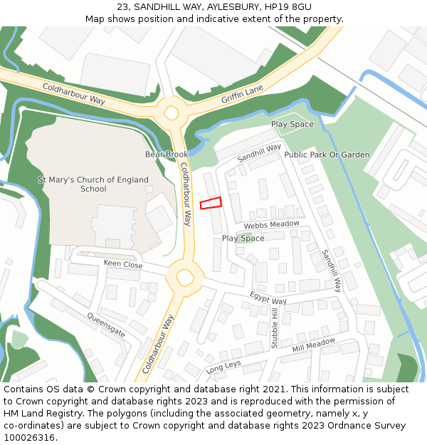 23, SANDHILL WAY, AYLESBURY, HP19 8GU: Location map and indicative extent of plot