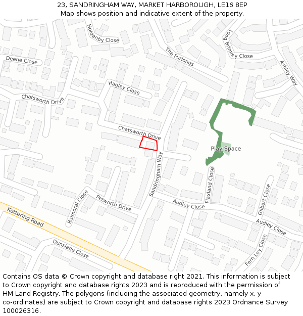 23, SANDRINGHAM WAY, MARKET HARBOROUGH, LE16 8EP: Location map and indicative extent of plot