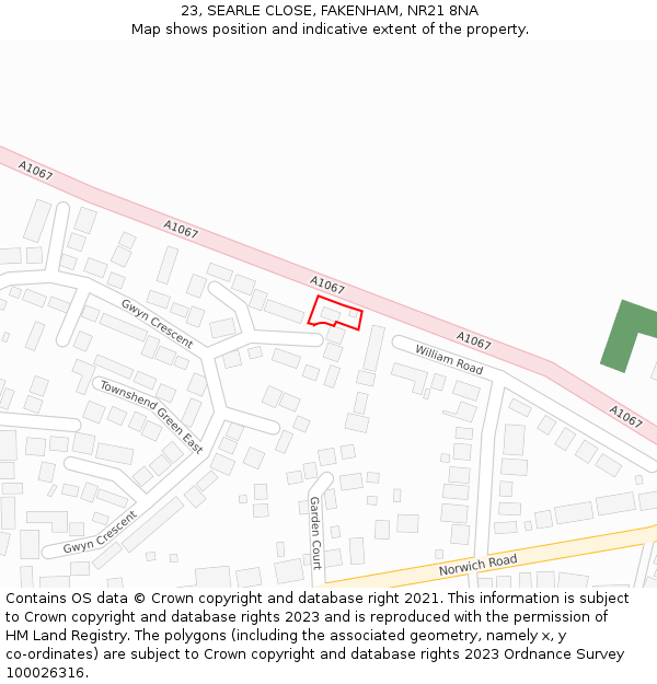 23, SEARLE CLOSE, FAKENHAM, NR21 8NA: Location map and indicative extent of plot