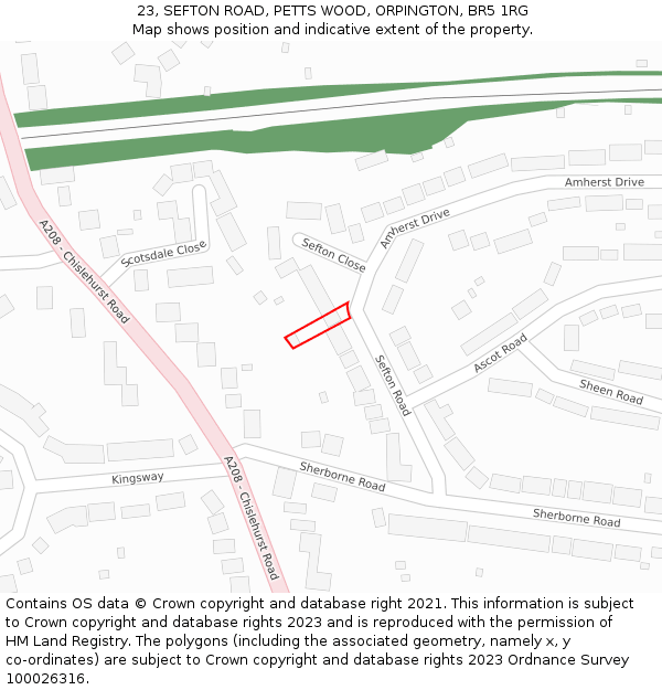 23, SEFTON ROAD, PETTS WOOD, ORPINGTON, BR5 1RG: Location map and indicative extent of plot
