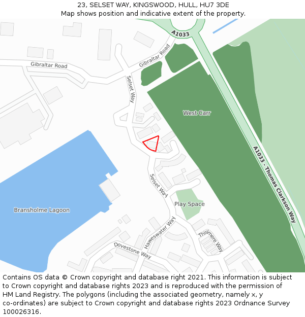 23, SELSET WAY, KINGSWOOD, HULL, HU7 3DE: Location map and indicative extent of plot