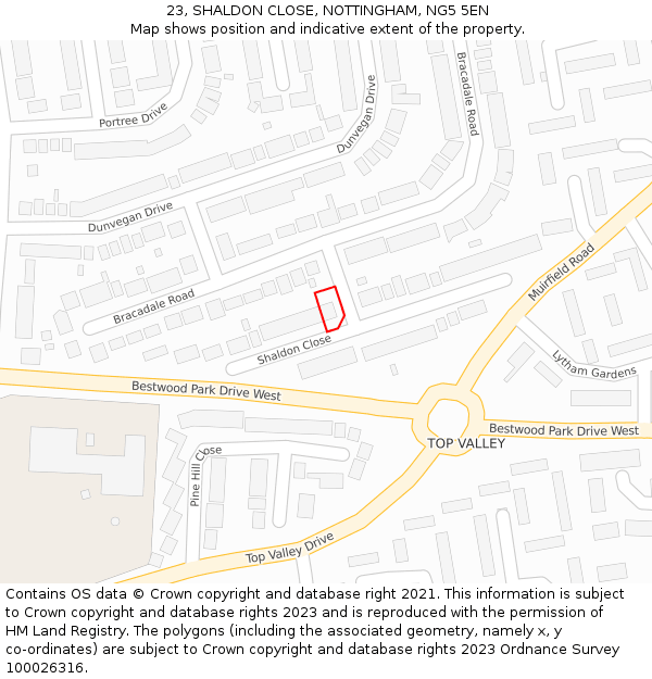 23, SHALDON CLOSE, NOTTINGHAM, NG5 5EN: Location map and indicative extent of plot