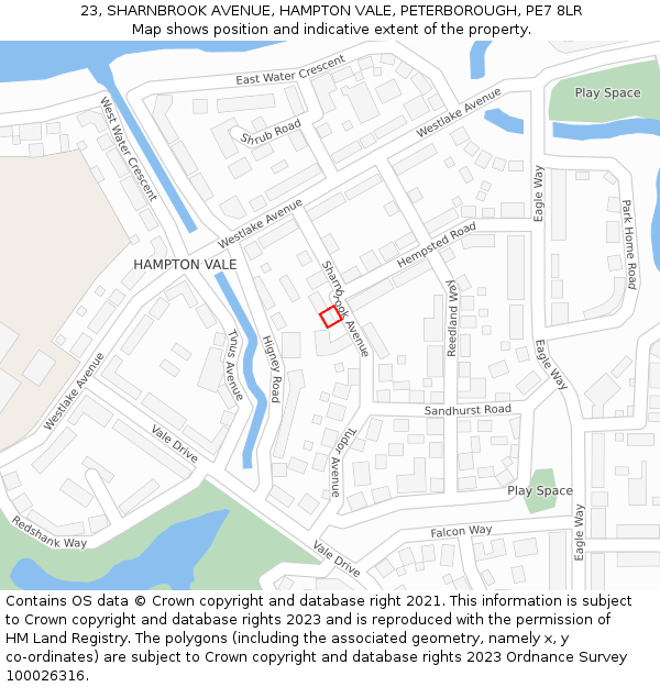 23, SHARNBROOK AVENUE, HAMPTON VALE, PETERBOROUGH, PE7 8LR: Location map and indicative extent of plot