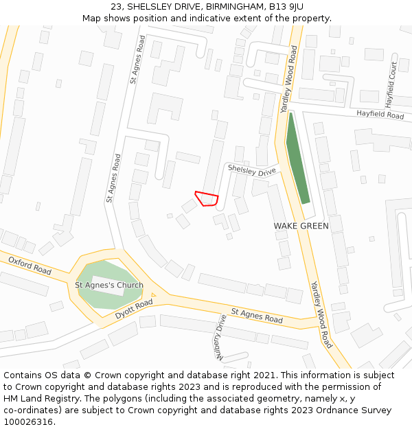 23, SHELSLEY DRIVE, BIRMINGHAM, B13 9JU: Location map and indicative extent of plot