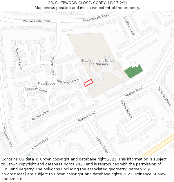 23, SHERWOOD CLOSE, CORBY, NN17 2YH: Location map and indicative extent of plot