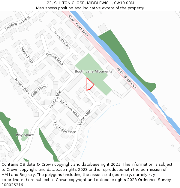 23, SHILTON CLOSE, MIDDLEWICH, CW10 0RN: Location map and indicative extent of plot