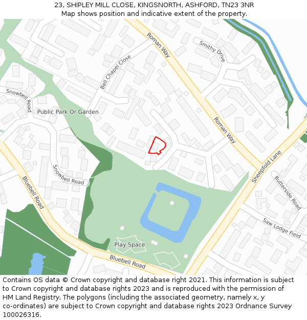 23, SHIPLEY MILL CLOSE, KINGSNORTH, ASHFORD, TN23 3NR: Location map and indicative extent of plot