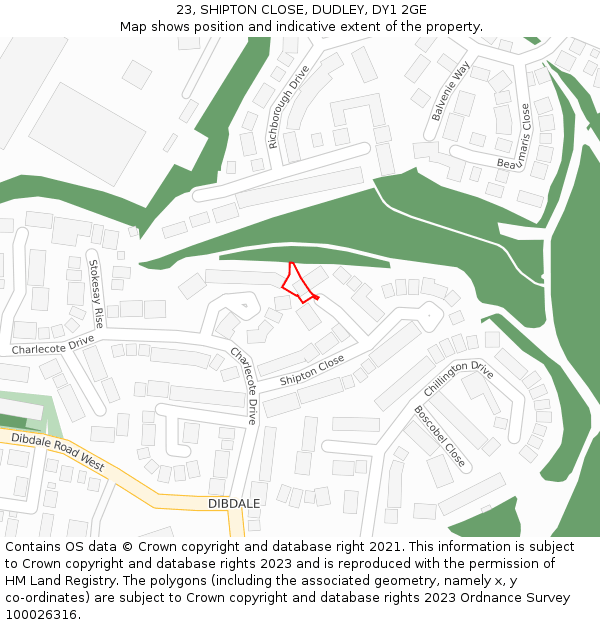 23, SHIPTON CLOSE, DUDLEY, DY1 2GE: Location map and indicative extent of plot