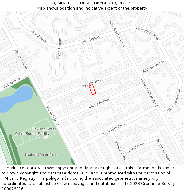23, SILVERHILL DRIVE, BRADFORD, BD3 7LF: Location map and indicative extent of plot