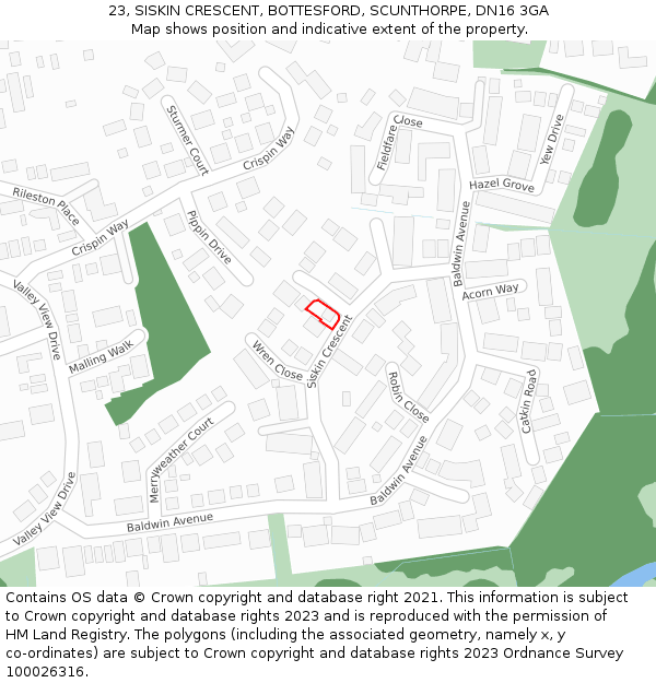23, SISKIN CRESCENT, BOTTESFORD, SCUNTHORPE, DN16 3GA: Location map and indicative extent of plot