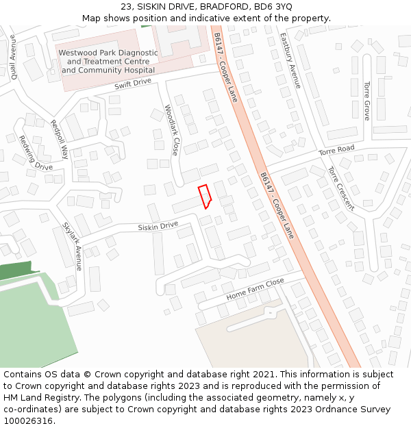 23, SISKIN DRIVE, BRADFORD, BD6 3YQ: Location map and indicative extent of plot