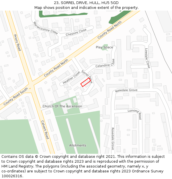 23, SORREL DRIVE, HULL, HU5 5GD: Location map and indicative extent of plot